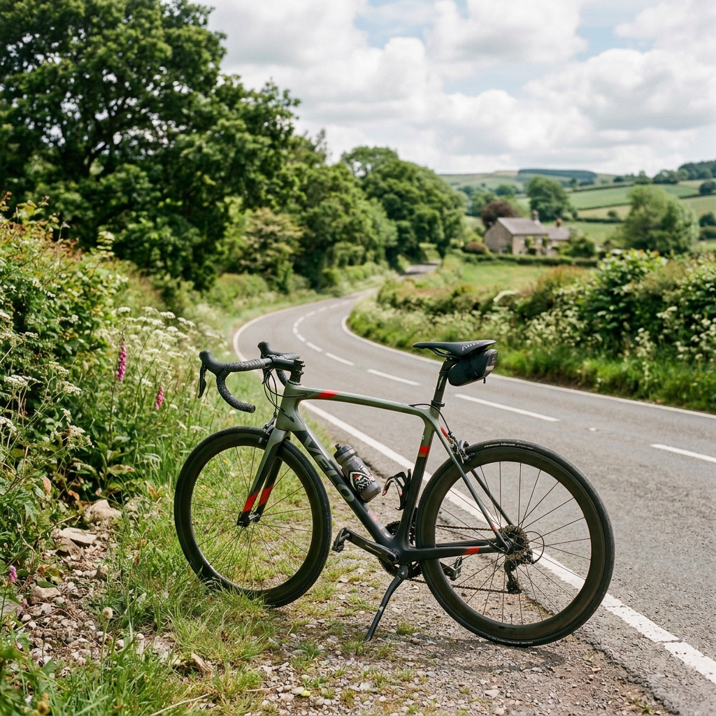 Vintage bicycle parked beside a curving rural road with green fields and trees